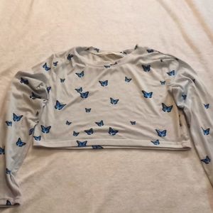 Long sleeve blue cropped butterfly shirt